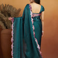 Teal Green Satin Silk Saree with Sequin Floral Border and Matching Blouse - Mangaldeep NX