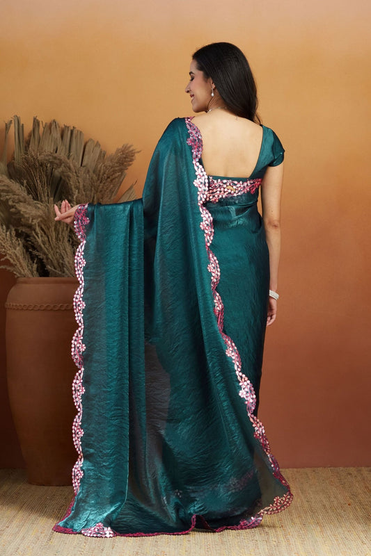 Teal Green Satin Silk Saree with Sequin Floral Border and Matching Blouse - Mangaldeep NX