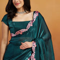 Teal Green Satin Silk Saree with Sequin Floral Border and Matching Blouse - Mangaldeep NX