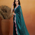 Teal Green Satin Silk Saree with Sequin Floral Border and Matching Blouse - Mangaldeep NX