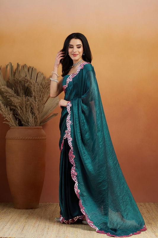 Teal Green Satin Silk Saree with Sequin Floral Border and Matching Blouse - Mangaldeep NX