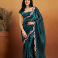 Teal Green Satin Silk Saree with Sequin Floral Border and Matching Blouse - Mangaldeep NX