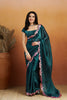 Teal Green Satin Silk Saree with Sequin Floral Border and Matching Blouse - Mangaldeep NX