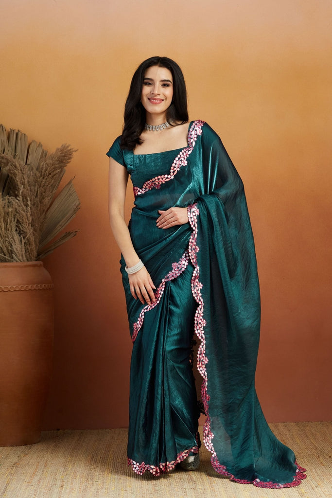 Teal Green Satin Silk Saree with Sequin Floral Border and Matching Blouse - Mangaldeep NX
