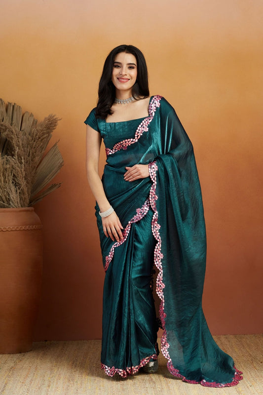 Teal Green Satin Silk Saree with Sequin Floral Border and Matching Blouse - Mangaldeep NX