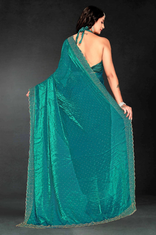 Teal Green Sequin Embellished Party Wear Fandy Silk Saree with Golden Scallop Border - Mangaldeep NX