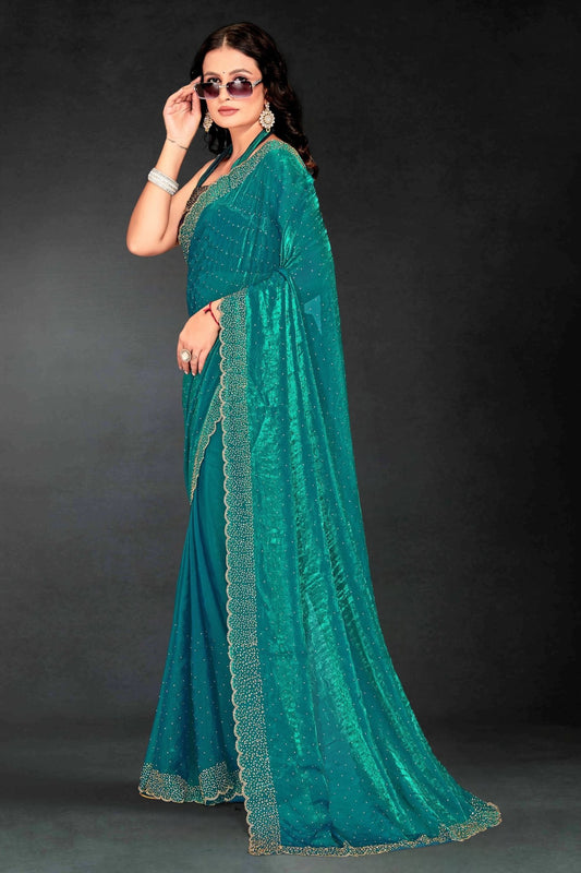 Teal Green Sequin Embellished Party Wear Fandy Silk Saree with Golden Scallop Border - Mangaldeep NX
