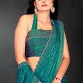 Teal Green Sequin Embellished Party Wear Fandy Silk Saree with Golden Scallop Border - Mangaldeep NX