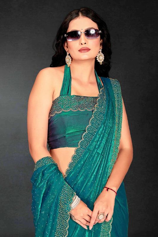 Teal Green Sequin Embellished Party Wear Fandy Silk Saree with Golden Scallop Border - Mangaldeep NX