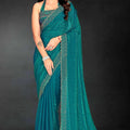 Teal Green Sequin Embellished Party Wear Fandy Silk Saree with Golden Scallop Border - Mangaldeep NX