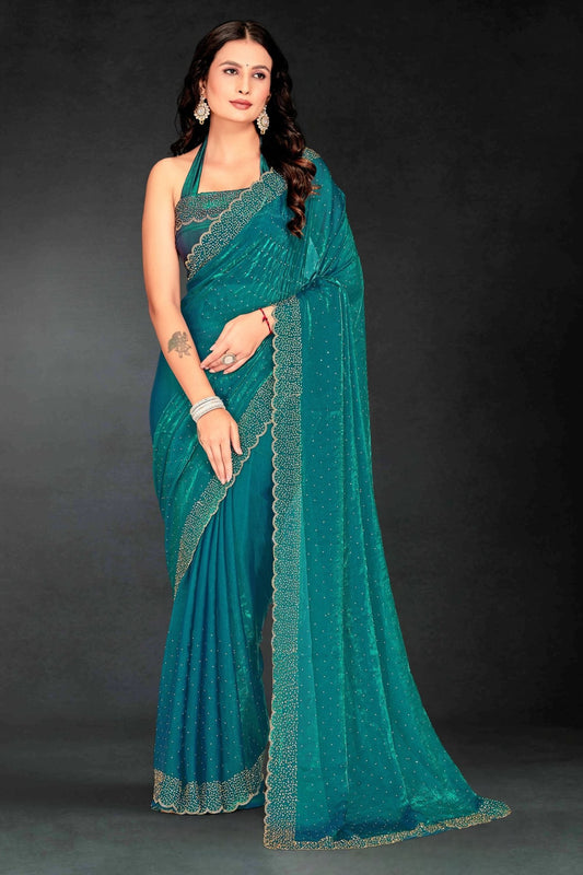 Teal Green Sequin Embellished Party Wear Fandy Silk Saree with Golden Scallop Border - Mangaldeep NX