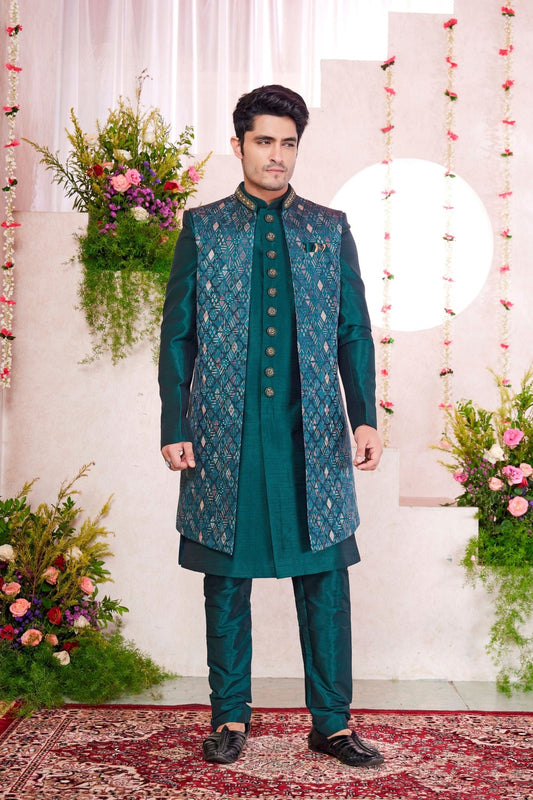 Teal Green Silk Kurta Set with Geometric Embroidered Indo - Western Jacket for Men - Mangaldeep NX