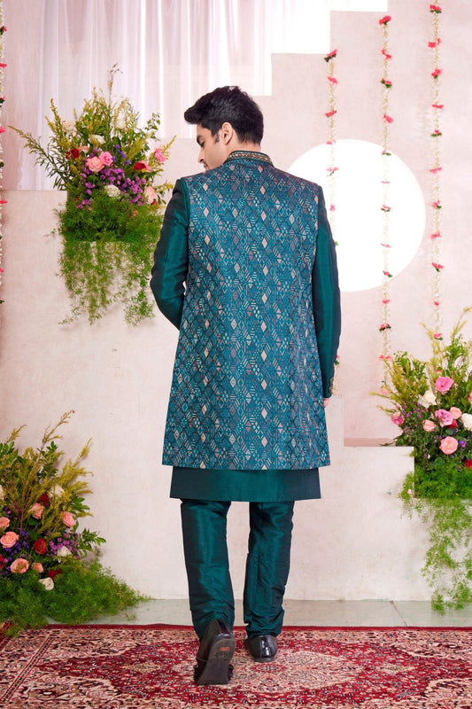Teal Green Silk Kurta Set with Geometric Embroidered Indo - Western Jacket for Men - Mangaldeep NX