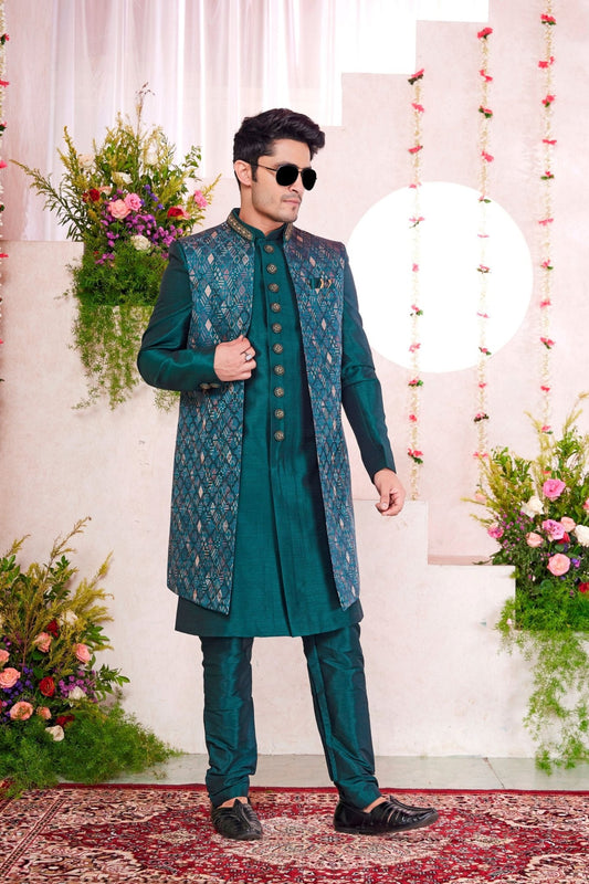 Teal Green Silk Kurta Set with Geometric Embroidered Indo - Western Jacket for Men - Mangaldeep NX