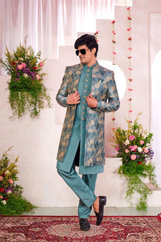 Teal Green Silk Kurta Set with Gold Brocade Patterned Indo - Western Jacket for Men - Mangaldeep NX