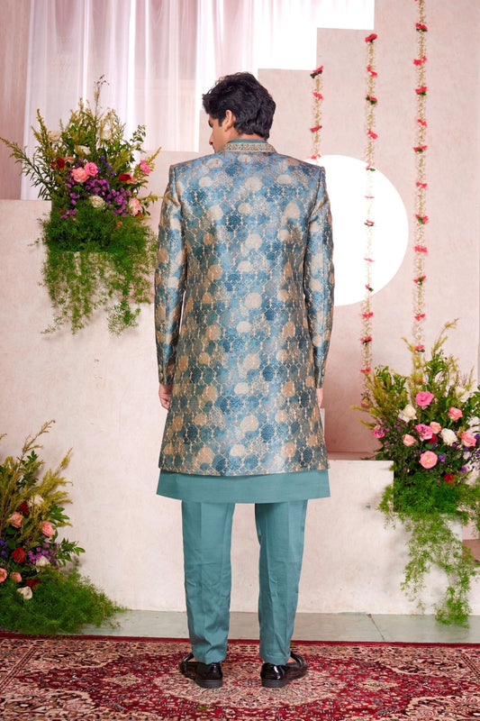 Teal Green Silk Kurta Set with Gold Brocade Patterned Indo - Western Jacket for Men - Mangaldeep NX