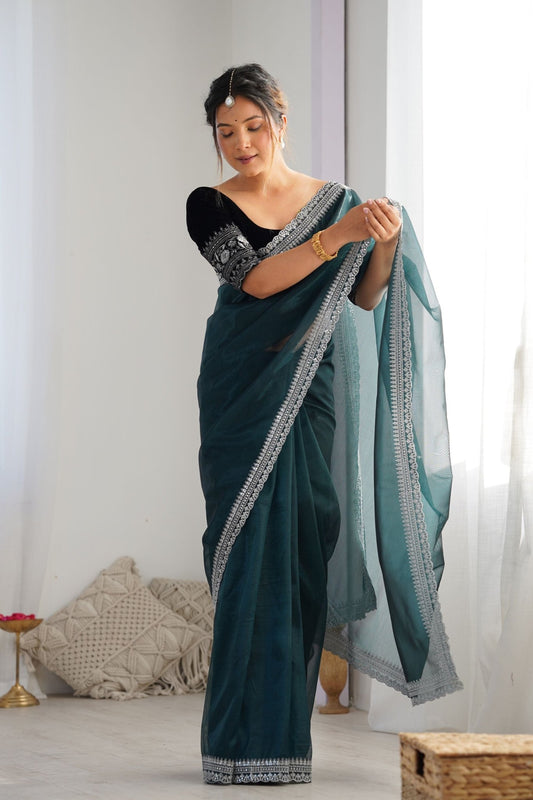 Teal Green Twill Net Saree with Silver Sequin Border and Black Velvet Blouse - Mangaldeep NX
