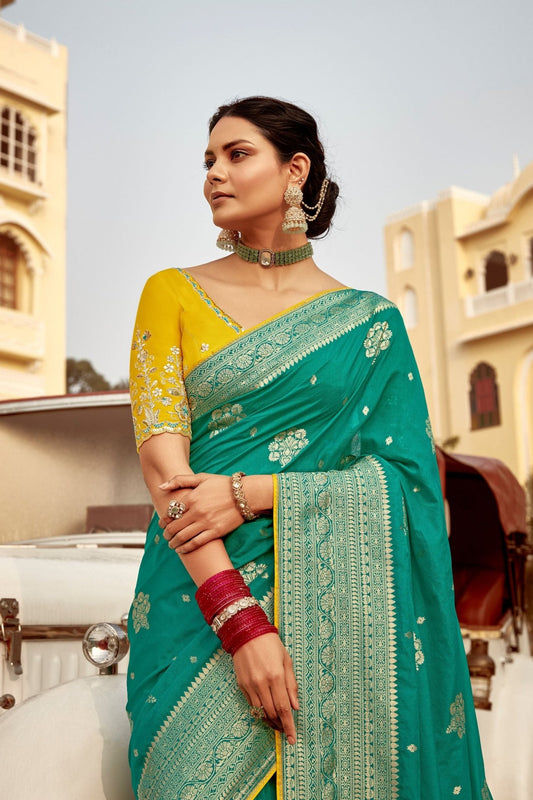 Teal Green Weeding Occasion Designer Banarasi Silk Saree with Gold Zari Work - Mangaldeep NX