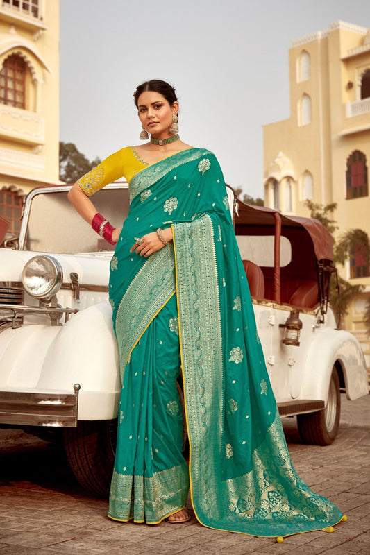 Teal Green Weeding Occasion Designer Banarasi Silk Saree with Gold Zari Work - Mangaldeep NX