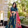 Teal Tussar Silk Lehenga Choli with Digital Print for Women - Mangaldeep NX