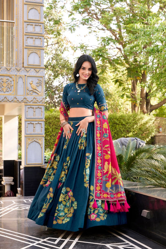 Teal Tussar Silk Lehenga Choli with Digital Print for Women - Mangaldeep NX