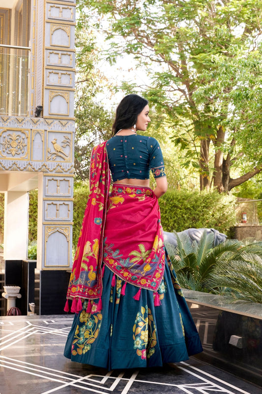 Teal Tussar Silk Lehenga Choli with Digital Print for Women - Mangaldeep NX