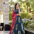 Teal Tussar Silk Lehenga Choli with Digital Print for Women - Mangaldeep NX