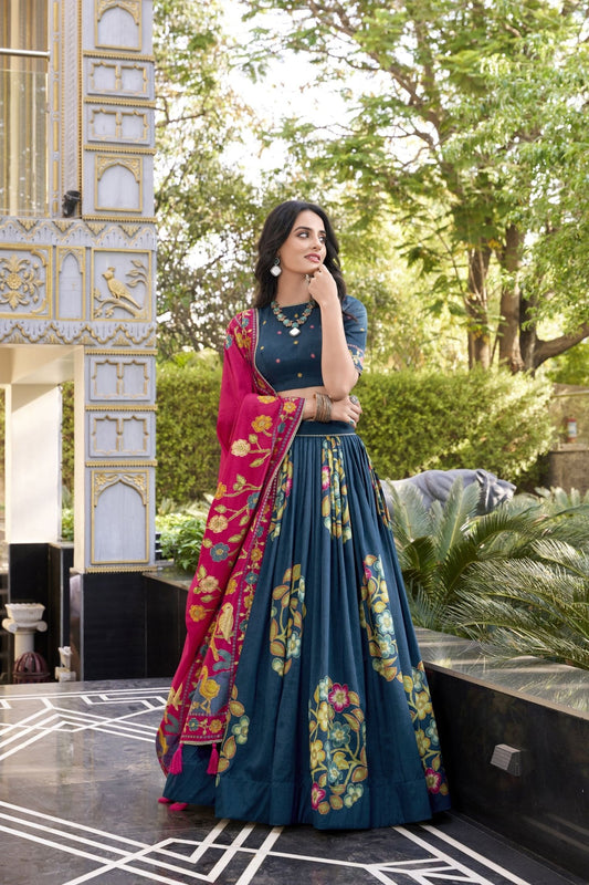 Teal Tussar Silk Lehenga Choli with Digital Print for Women - Mangaldeep NX