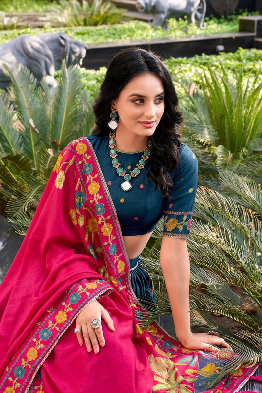 Teal Tussar Silk Lehenga Choli with Digital Print for Women - Mangaldeep NX