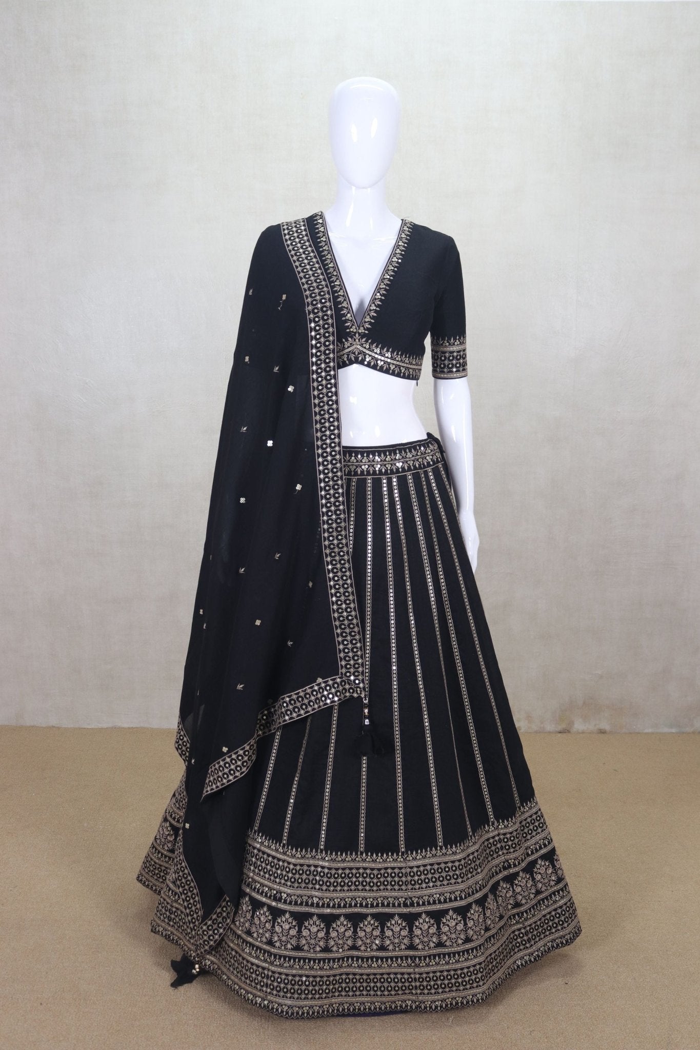 Traditional Black Mirror Work Lehenga Choli set with V - Neck Blouse - Mangaldeep NX