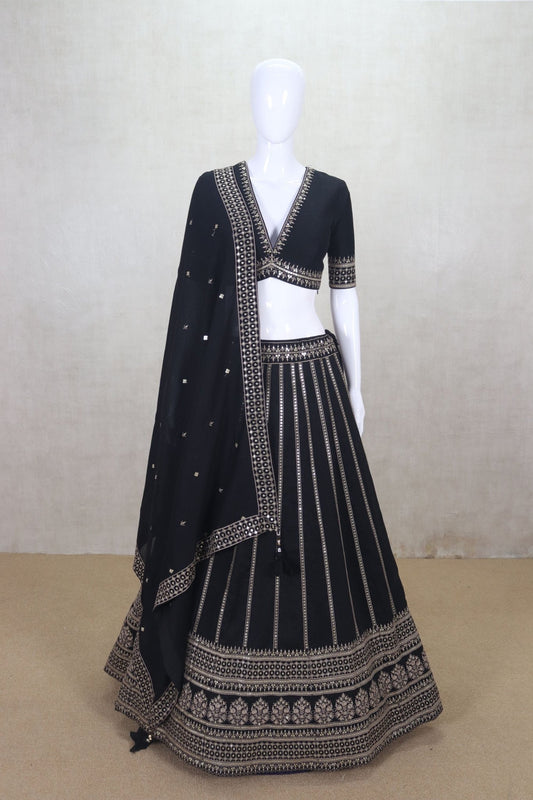 Traditional Black Mirror Work Lehenga Choli set with V - Neck Blouse - Mangaldeep NX