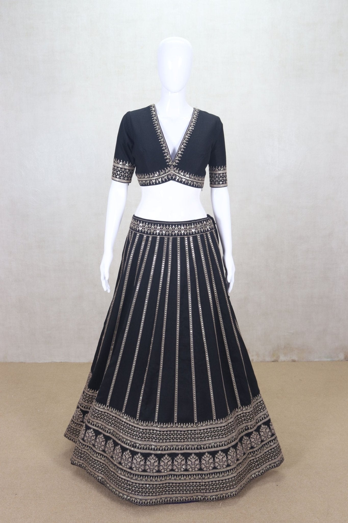 Traditional Black Mirror Work Lehenga Choli set with V - Neck Blouse - Mangaldeep NX