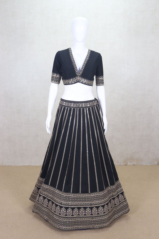 Traditional Black Mirror Work Lehenga Choli set with V - Neck Blouse - Mangaldeep NX