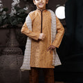 Traditional Boys Yellow Printed Kurta with Brown Pyjama and White Dupatta - Mangaldeep NX
