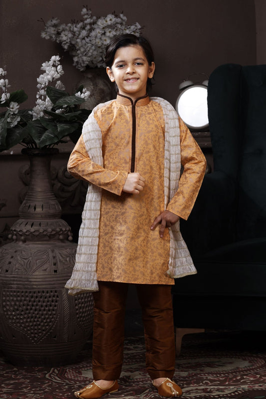 Traditional Boys Yellow Printed Kurta with Brown Pyjama and White Dupatta - Mangaldeep NX