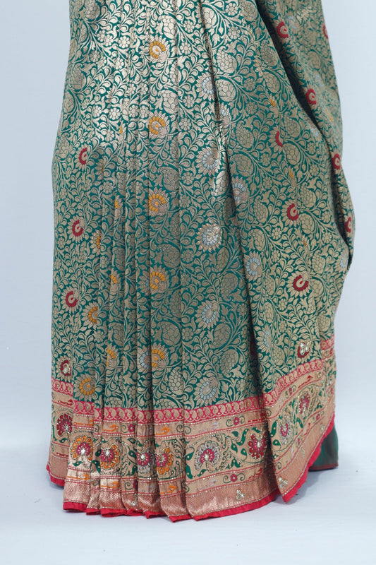 Traditional Green Beige Banarasi Silk Saree with Red Zari Border and Tassels - Mangaldeep NX