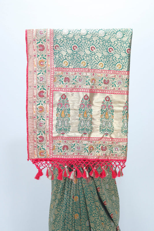Traditional Green Beige Banarasi Silk Saree with Red Zari Border and Tassels - Mangaldeep NX