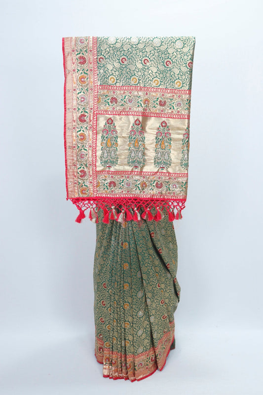 Traditional Green Beige Banarasi Silk Saree with Red Zari Border and Tassels - Mangaldeep NX