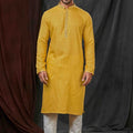 Traditional Mustard Yellow Textured Cotton Kurta for Men with Off - White Pyjama - Mangaldeep NX