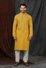 Traditional Mustard Yellow Textured Cotton Kurta for Men with Off - White Pyjama - Mangaldeep NX