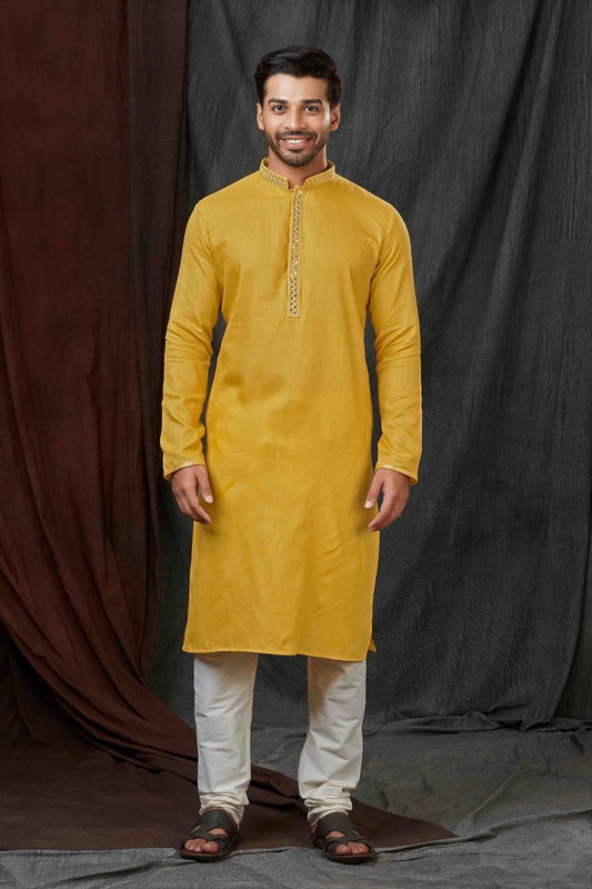 Traditional Mustard Yellow Textured Cotton Kurta for Men with Off - White Pyjama - Mangaldeep NX