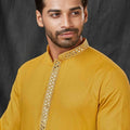 Traditional Mustard Yellow Textured Cotton Kurta for Men with Off - White Pyjama - Mangaldeep NX