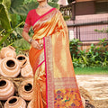 Traditional Orange Kanjivaram Silk Saree with Pink Zari Border and Rich Floral Pallu - Mangaldeep NX