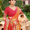 Traditional Orange Kanjivaram Silk Saree with Pink Zari Border and Rich Floral Pallu - Mangaldeep NX