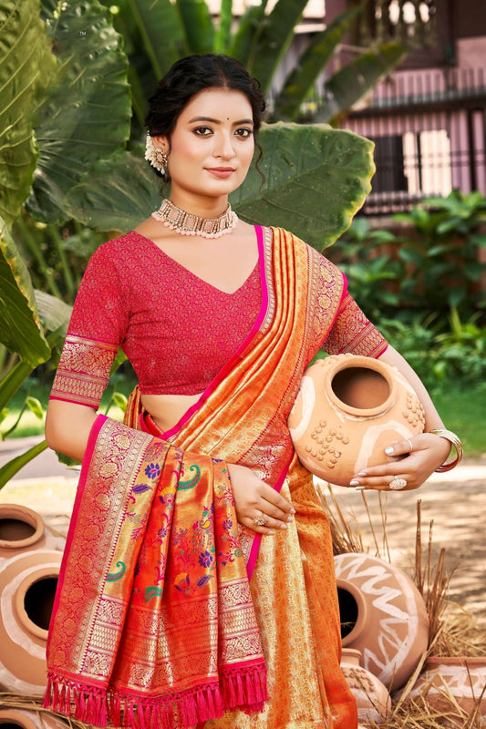 Traditional Orange Kanjivaram Silk Saree with Pink Zari Border and Rich Floral Pallu - Mangaldeep NX
