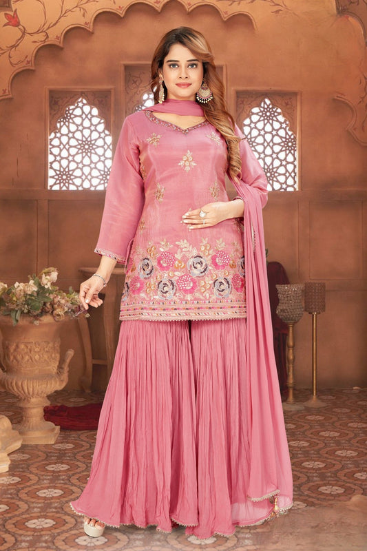 Traditional Pink Embroidered Silk Palazzo Suit - Mangaldeep NX