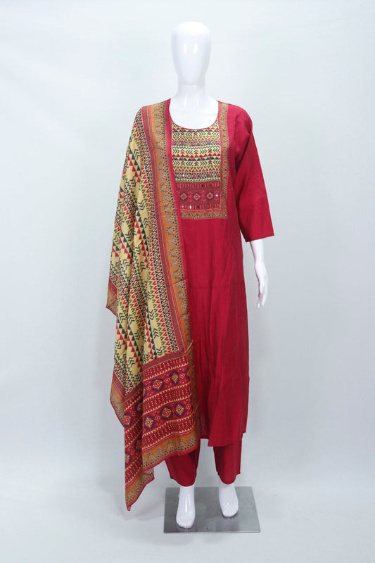 Traditional Red Cotton Kurta Set with Printed Dupatta Ethnic Wear for Daily Festive Use - Mangaldeep NX