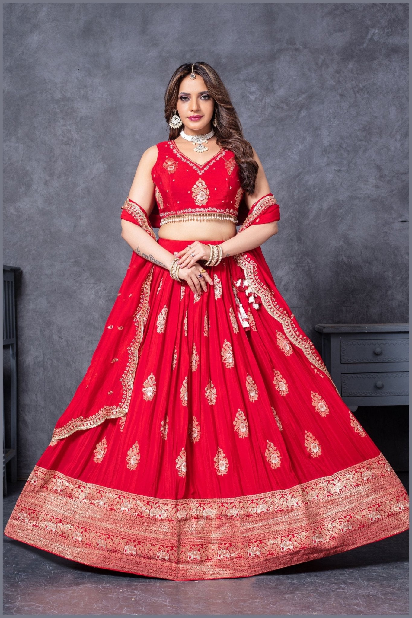 Traditional Red Embroidered Silk Lehenga Choli Set with Zari and Mirror Work Dupatta - Mangaldeep NX