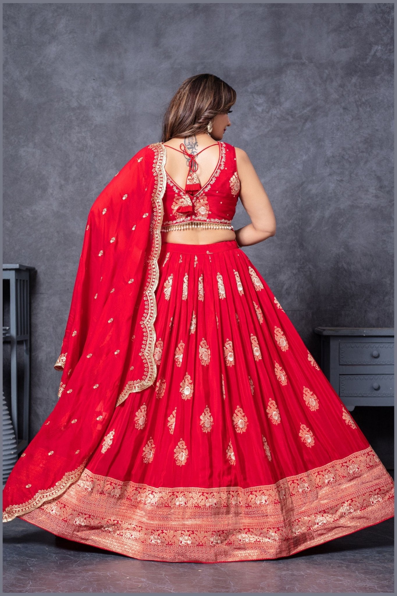 Traditional Red Embroidered Silk Lehenga Choli Set with Zari and Mirror Work Dupatta - Mangaldeep NX