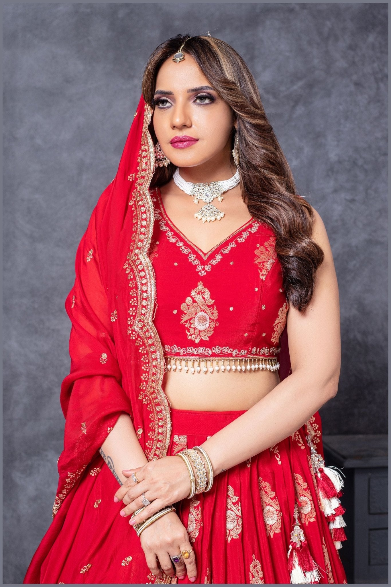 Traditional Red Embroidered Silk Lehenga Choli Set with Zari and Mirror Work Dupatta - Mangaldeep NX